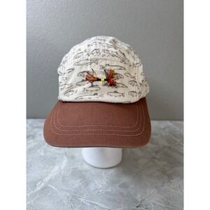 Cherokee Brand Fish Print 5 Panel Camper Hat Fly Fishing Lure Detail Brown Cream